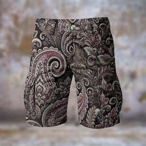 Black Paisley Mens Cargo Shorts Comfort Long Casual Walking Travel Statement Streetwear Vibrant Resort Showstopper Beach Gift for Him Preppy