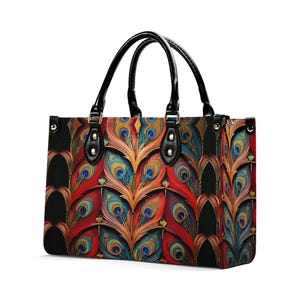Torebka ze skóry naturalnej Peacock, Portfel w stylu barokowym, Egzotyczna skórzana torebka, Czerwona torba typu tote w stylu steampunk, Luksusowa torba na ramię w stylu haute couture, Pomysł na prezent,