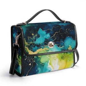 Cartera de piel auténtica con diseño de acuarela, cartera de piel azul y verde, bolso de mano hippie, bolso de mensajero para fiestas, bolso de hombro para festivales, cartera con líquido