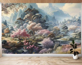 Chinoise-landskap, tapet med självhäftande klistermärke, vinylväggmålning, körsbärsblom, gör-det-själv-heminredning, väggklistermärken, rokokoblommor, rosa
