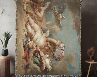 Boucher Cherub Cotton Woven Blanket, Putti Scarf Shawl Cupid Throw Cherubim Couch Cover, Home Decor Tapestry Angel Gift Art, Made in U.S.A