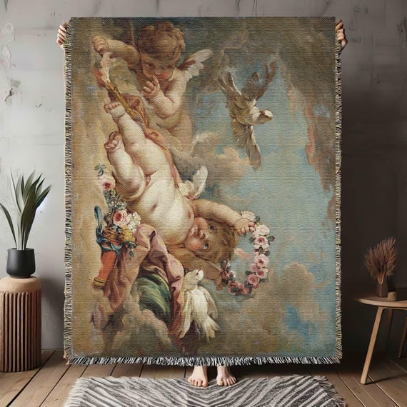 Boucher Cherub Cotton Woven Blanket, Putti Scarf Shawl Cupid Throw Cherubim Couch Cover, Home Decor Tapestry Angel Gift Art, Made in U.S.A