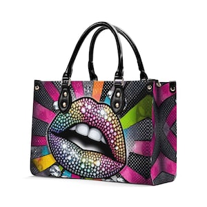 Bolso de mano de piel auténtica Lips, cartera con asa superior, bolso de mano de grano superior, bolso de mano Hot Lips, bolso de hombro de alta costura, regalo de arte pop, labios con diamantes de imitación