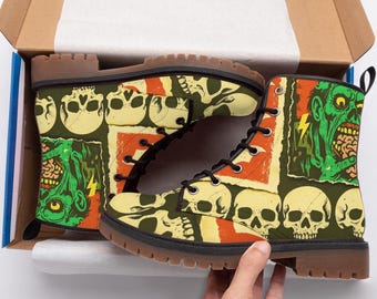 Zombie Schädel Fledermäuse Comic Style Herren Kampfstiefel Punk Rock Musik Audio Schuhe Interaktiver QR-Code Schnürung, cooles Geschenk für Rocker Gothic