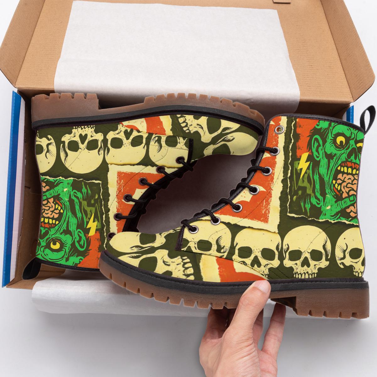 Zombie Skull Bats Comic Style Mens Combat Boots Punk Rock Music