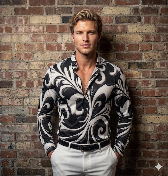 Fleur De Lis Mens Dress Shirt, Cotton Button Down, Gift for Man, Streetwear Baroque, Handmade Psychedelic Rave Festival, Black White Floral