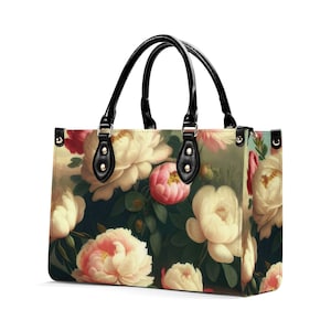 Bolso de mano de piel con peonías, cartera con asa superior, regalo para damas de honor, bolso de piel auténtica, bolso de hombro de alta costura, peonías de lujo, flores para bodas