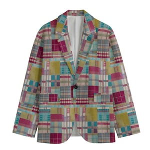 Pastel Madras Patchwork Plaid Mens Sports Coat Blazer Suit Jacket Blue Country Club Preppy Checkerboard Windowpane Tartan Gift Blackwatch