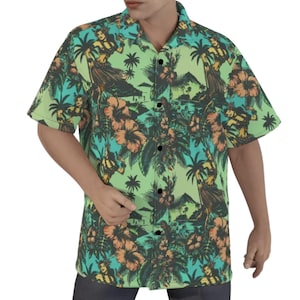Hula Girl Cotton Hawaiian Shirt Button Up Short Sleeve Mens Hawaii Tropical Island Resort Floral Pop Art Luau Aloha Gift Retro Aqua Green