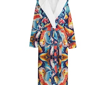 Bata con capucha de pez koi, bata de felpa vibrante, unisex, ropa de estar, arte de tatuaje japonés, regalo de cumpleaños para él, bata de pez koi, bata de felpa de pez koi