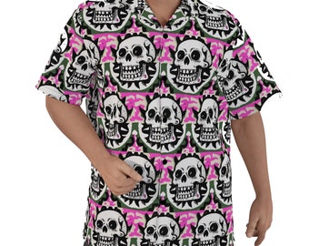 Skull Bowling Skulls Pink Aloha Hawaiian Shirt Cotton Dress Short Sleeve Button Up Down Gift Big Tall XS/S/M/L/XL/2XL/3XL/4XL/5XL Rockabilly