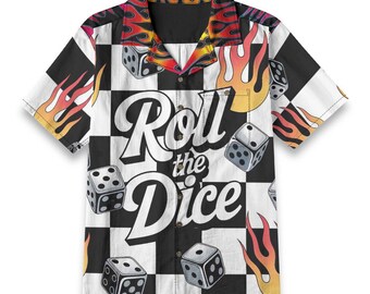 Flaming Dice Cotton Bowling Shirt: Retro Rockabilly Hawaiian Style Short Sleeve Gambling Casino Mens Button Up Gift for Dad Gamble Biker