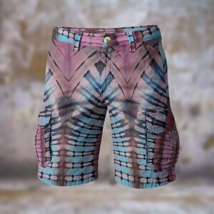Muted Tie Dye Mens Cargo Shorts Comfort Long Casual Walking Travel Statement Streetwear Vibrant Resort Blue Pink Hippie Beach, Gift for Him
