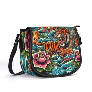 Bolso de piel auténtica con diseño de tatuaje de tigre, bolso de piel de grano superior, bolso de mano de motociclista, regalo para ella, bolso de hombro de lujo, cartera con diseño floral tropical
