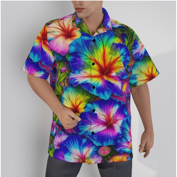 トップス DRESS HIPPY Aloha S/S Hawaiian Shirts Psychedelic Blue Trippy Hibiscus Aloha Hawaiian Shirt Cotton