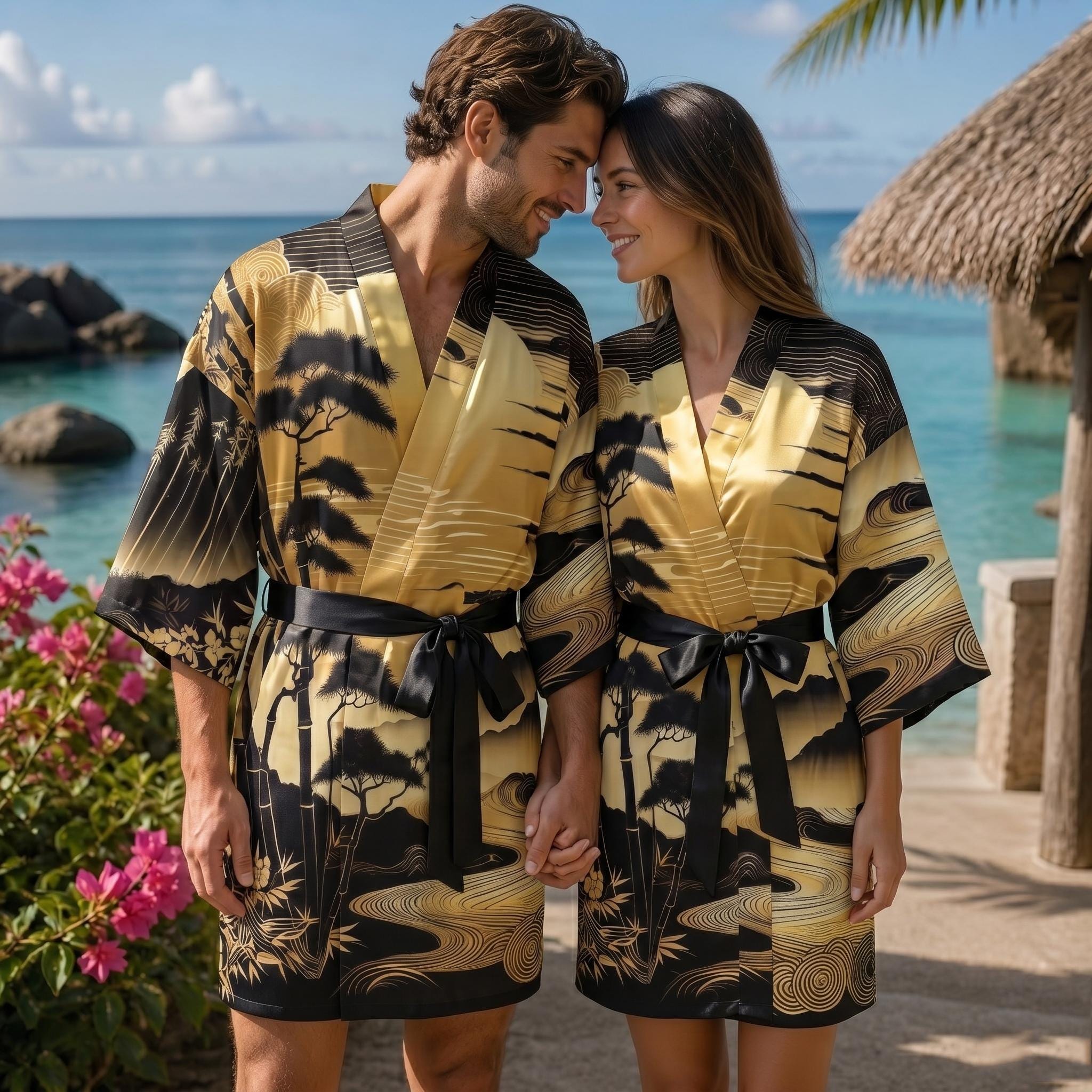 Black Golden Landscape Glossy Satin Kimono, Bamboo Scene Unisex Robe, Loungewear, Gift for Parent