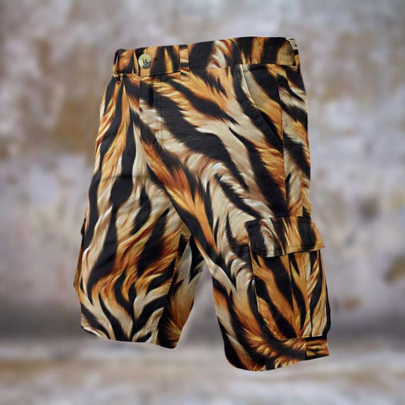 Tiger Print Mens Cargo Shorts Rockabilly Comfort Casual Walking