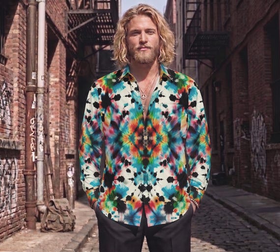 mens tie dye dress shirt Pastel Tie Dye Long Sleeve Men Button Up Shirt, Rainbow Groovy Spiral