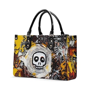 Bolso de mano de cuero de lujo con diseño de calaveras en estilo crudo, cartera con asa superior, bolso de mano de cuero genuino, bolso de hombro de alta costura, diseño de grafiti