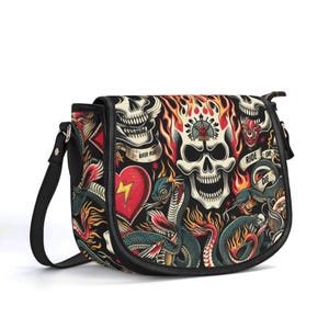 Bolso de cuero genuino con calavera de motociclista, bolso de cuero de grano superior, bolso de mano, tatuaje floral, bolso de hombro de lujo, cartera, serpientes, corazón, regalo