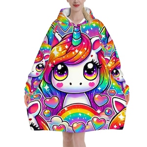 Rainbow Unicorn Oversized Blanket Hoodie Plus Unisex One Size Hooded Cozy Pullover Cuddly Festival Loungewear Warm, Harajuku Kawaii Gift