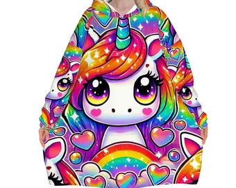 Sudadera con capucha extragrande de unicornio arcoíris, unisex, talla única, acogedora, para festivales, cálida, regalo Harajuku Kawaii.