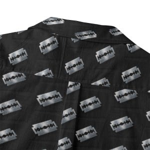 Damaged Youth Cotton Shirt Button Up Collared Short Sleeve Handmade Oxford Pocket, Punk Rock Pocket Retro Rockabilly Gift, Black Silver image 5