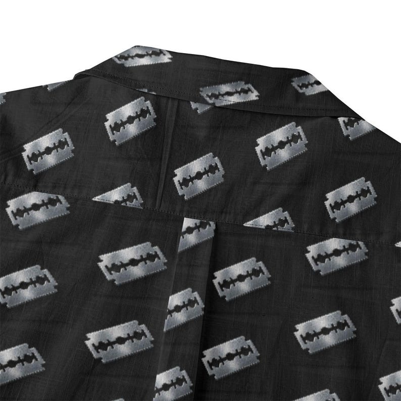 Damaged Youth Cotton Shirt Button Up Collared Short Sleeve Handmade Oxford Pocket, Punk Rock Pocket Retro Rockabilly Gift, Black Silver image 5