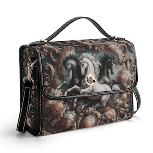 Bolso estilo rococó con diseño de caballo, bolso de mano de piel auténtica de vaquero de grano superior, regalo para amantes de los caballos, bolso de hombro de lujo silencioso, ecuestre, floral, barroco