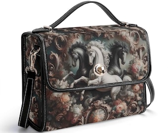 Rokoko Pferd Umhängetasche, Echtleder Cowboy Handtasche, Pferde Liebhaber Geschenk, Ruhige Luxus Schultertasche, Reiter, Floral, Barock