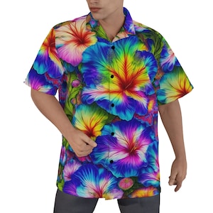 Psychedelic Blue Trippy Hibiscus Aloha Hawaiian Shirt Cotton Dress Short Sleeve Button Up Down Gift Big Tall XS/S/M/L/XL/2XL/3XL/4XL/5XL