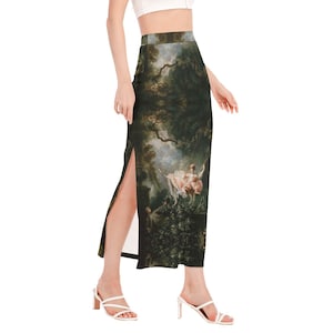 Boucher The Swing Pastoral Floral Side Slit Skirt Fine Art French Rococo Baroque Painting Woman Gift Couture Statement Gallery Gallerist