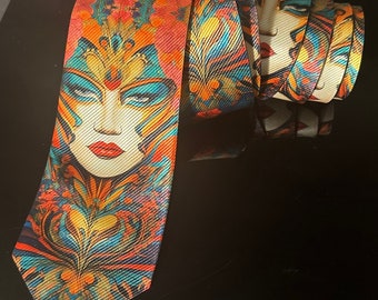 Krawat męski w stylu art déco, twarz kobiety, ręcznie robiony, wyrazisty prezent dla niego, prezent dla taty, kolorowa impreza klubowa, Alphonse Mucha