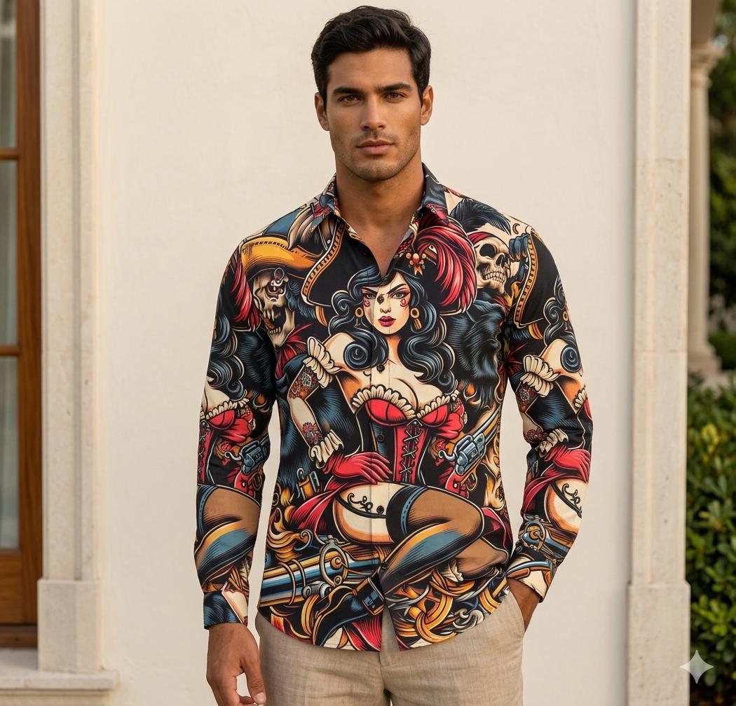 Pin up Girl Tattoo Mens Cotton Dress Shirt Button up Oxford Long