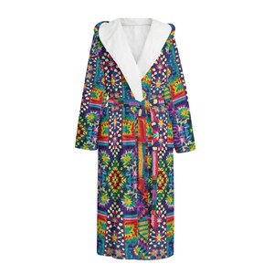 Tie Dye Crochet Hooded Bathrobe Cozy Maxi Robe Granny Squares Unisex Thick Boho Tie Dyed Loungewear Rainbow Gift for Him or Her Colorful
