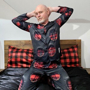 Red Tartan Plaid  Mens Satin Pajamas Button Down Sleepwear Set Gift for Him Menswear Loungewear Luxury PJS Black QR Code Music Punk Rock