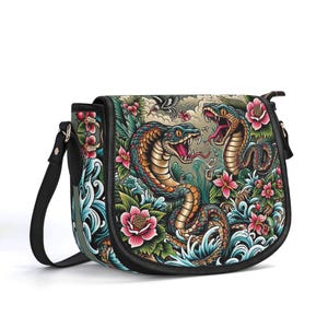 Bolso de piel auténtica Cobra, bolso de piel de grano superior, bolso de mano con tatuaje de serpiente, regalo para ella, bolso de hombro con tatuaje, rockabilly, motero, moderno