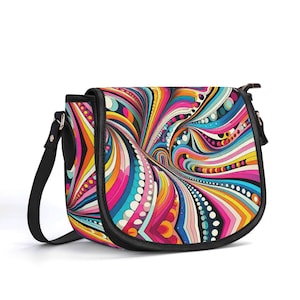 Bolso de piel auténtica con diseño de arte óptico, bolso de mano de piel de grano superior, bolso llamativo, regalo para ella, bolso de hombro de lujo silencioso, cartera psicodélica
