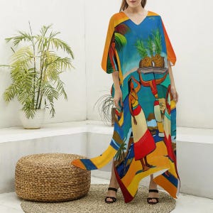 Gauguin Kaftan, Aloha Caftan, Hawaiian Kimono Robe, Tropical MuuMuu ,Fine Art Maxi Dress, Hawaii Tunic Loungewear, Gift for Mom, Resort Wear