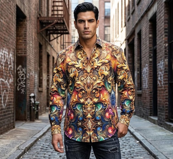 gold dress shirts and ties Psychedelic Tie Dye Mens Cotton Shirt, Long Sleeve Button Up Oxford Shirt Rococo Rave Festival Gift ,Baroque gold shirt mens
