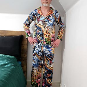 Tattoo Schlange Cobra Satin Pyjamas Nachtwäsche Geschenk Herrenmode Loungewear Luxus PJ's Geburtstag Vatertag Rockabilly Vintage Nautisch Bild 14