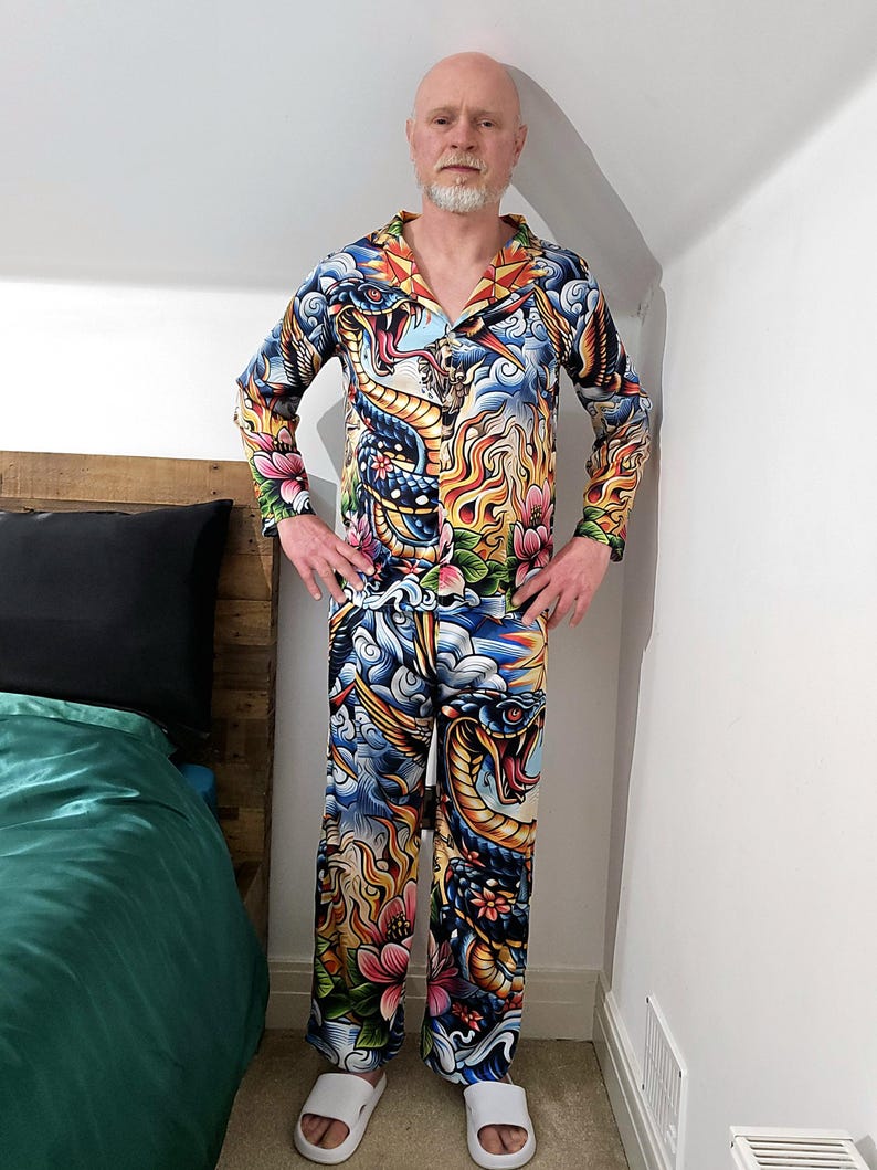 Tattoo Schlange Cobra Satin Pyjamas Nachtwäsche Geschenk Herrenmode Loungewear Luxus PJ's Geburtstag Vatertag Rockabilly Vintage Nautisch Bild 14