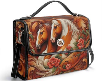 Westernpferd Umhängetasche, Echtleder Cowboy Handtasche, Pferde Liebhaber Geschenk, Ruhige Luxus Schultertasche, Reiter, Floral, Boho