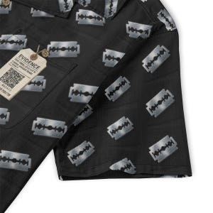 Damaged Youth Cotton Shirt Button Up Collared Short Sleeve Handmade Oxford Pocket, Punk Rock Pocket Retro Rockabilly Gift, Black Silver image 4