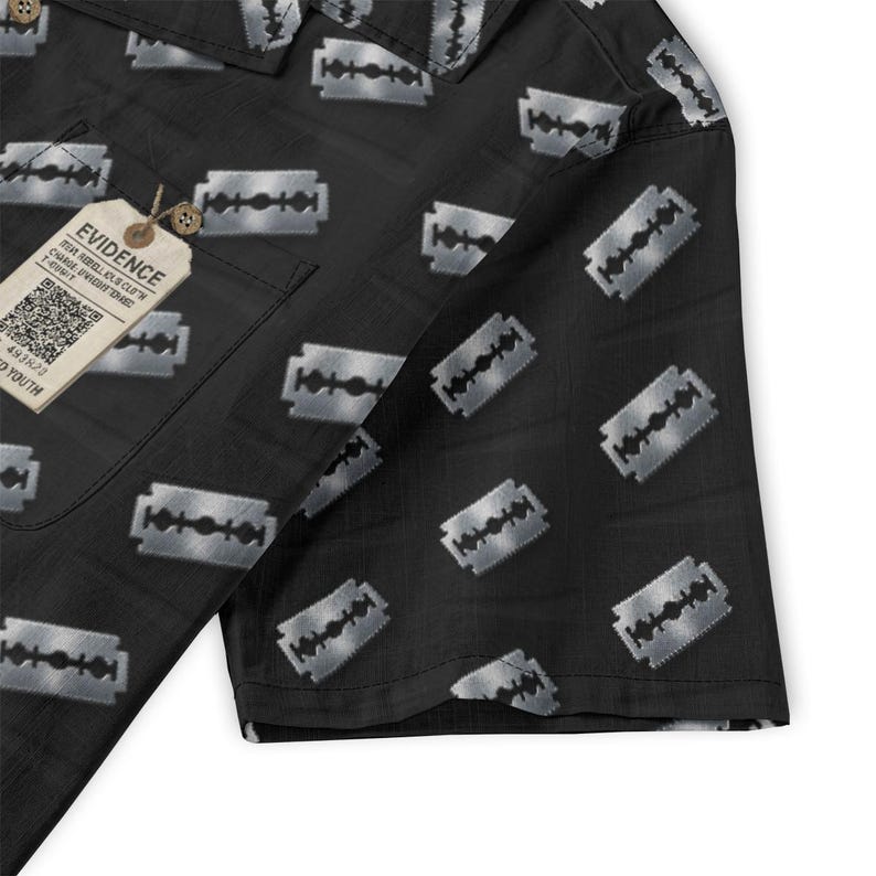 Damaged Youth Cotton Shirt Button Up Collared Short Sleeve Handmade Oxford Pocket, Punk Rock Pocket Retro Rockabilly Gift, Black Silver image 4
