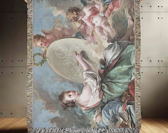 Manta de algodón tejida con querubines de Boucher, manta para sofá, chal, tapiz con decoración rococó, arte de ángeles, hecho en EE. UU.