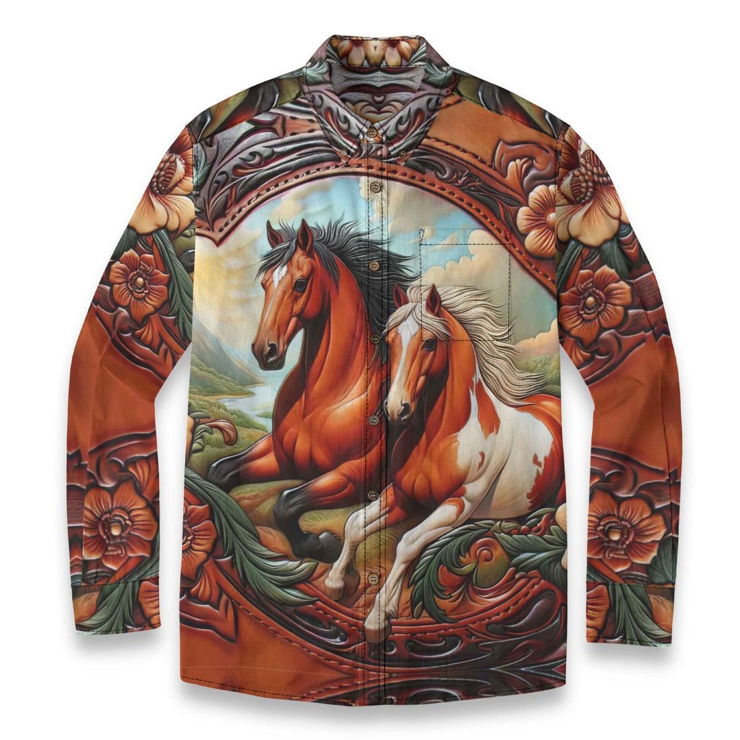 Cowboy Western Horse Rodeo Cotton Button Down Collar Long Sleeve