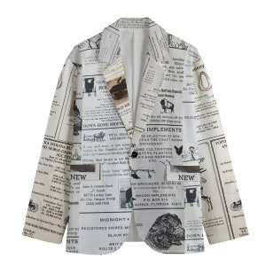 Antique Newspaper Blazer, Cotton Suit Jacket, Horse Sports Coat Mens Mans Big Tall Man Couture Bohemian Festival Equestrian Adverisement