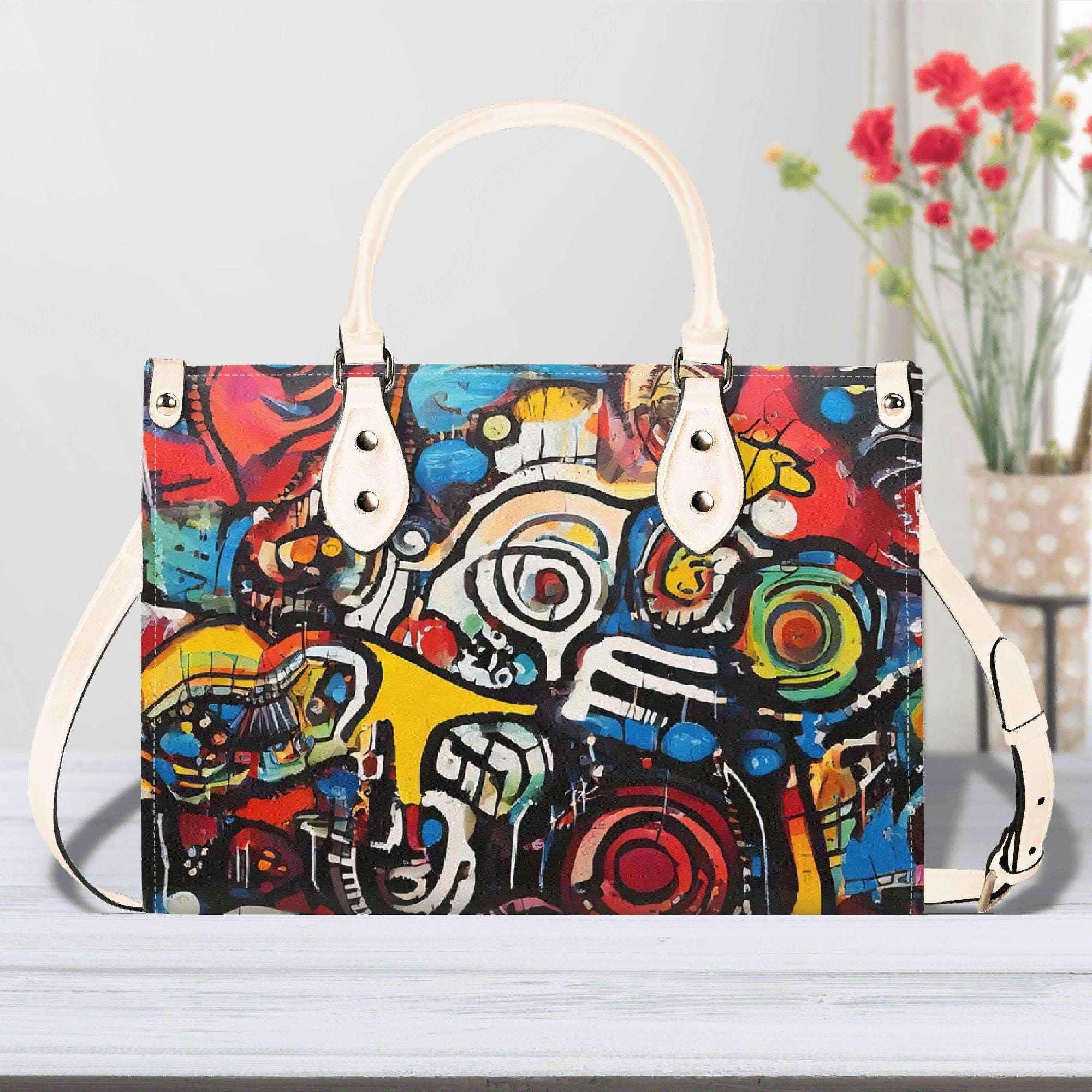 Graffiti Art Luxury Leather Handbag, Top Handle Pocketbook, Top