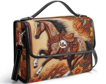 Westernpferd Umhängetasche, Echtleder Cowboy Handtasche, Pferde Liebhaber Geschenk, Ruhige Luxus Schultertasche, Reiter, Floral, Boho
